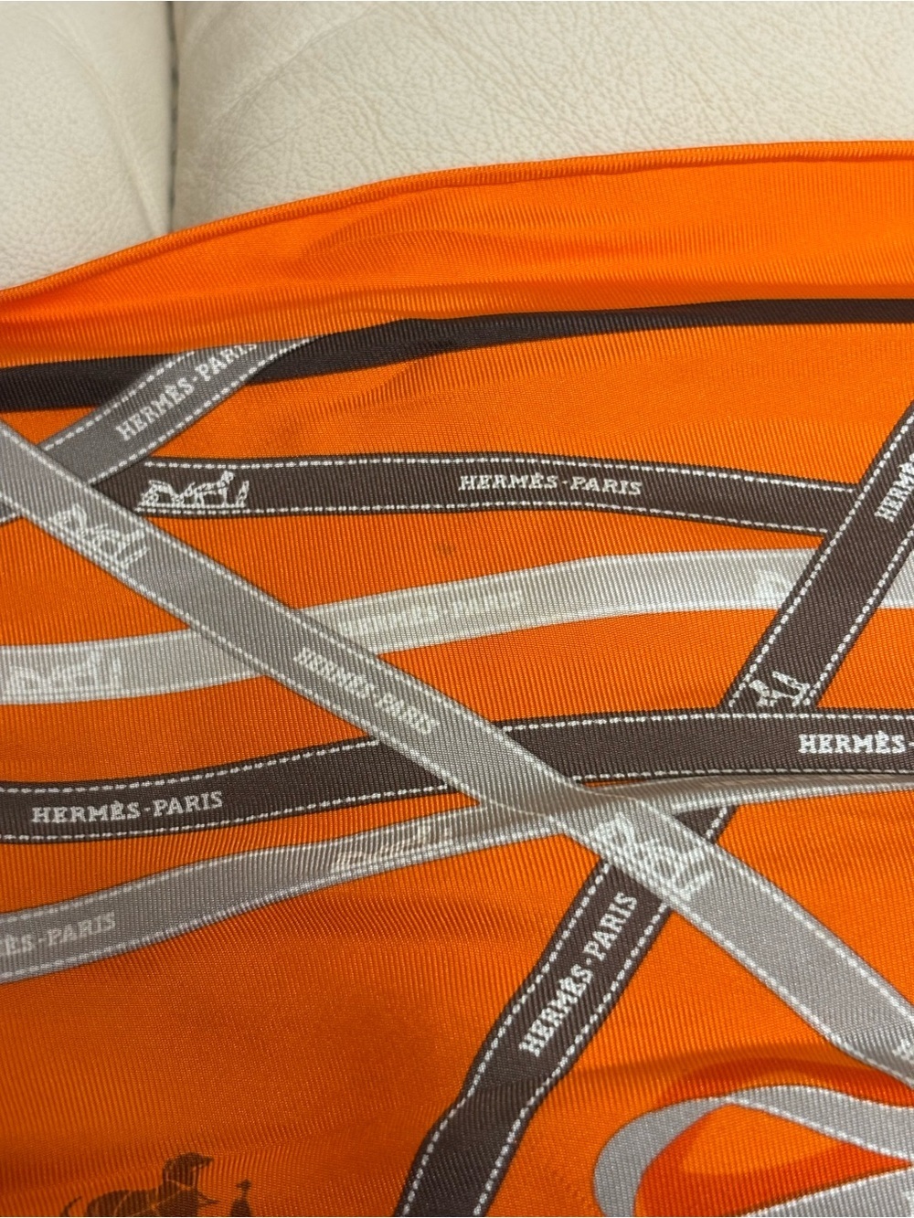 VTG HERMES Bolduc Triangle Silk Scarf Orange Brown White Gray Ribbon - Picture 5 of 15